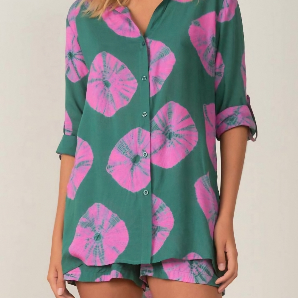 Elan Sand Dollar‎ Button Down Shirt & Shorts in pink/green Sz. M Nwt - Picture 2 of 12